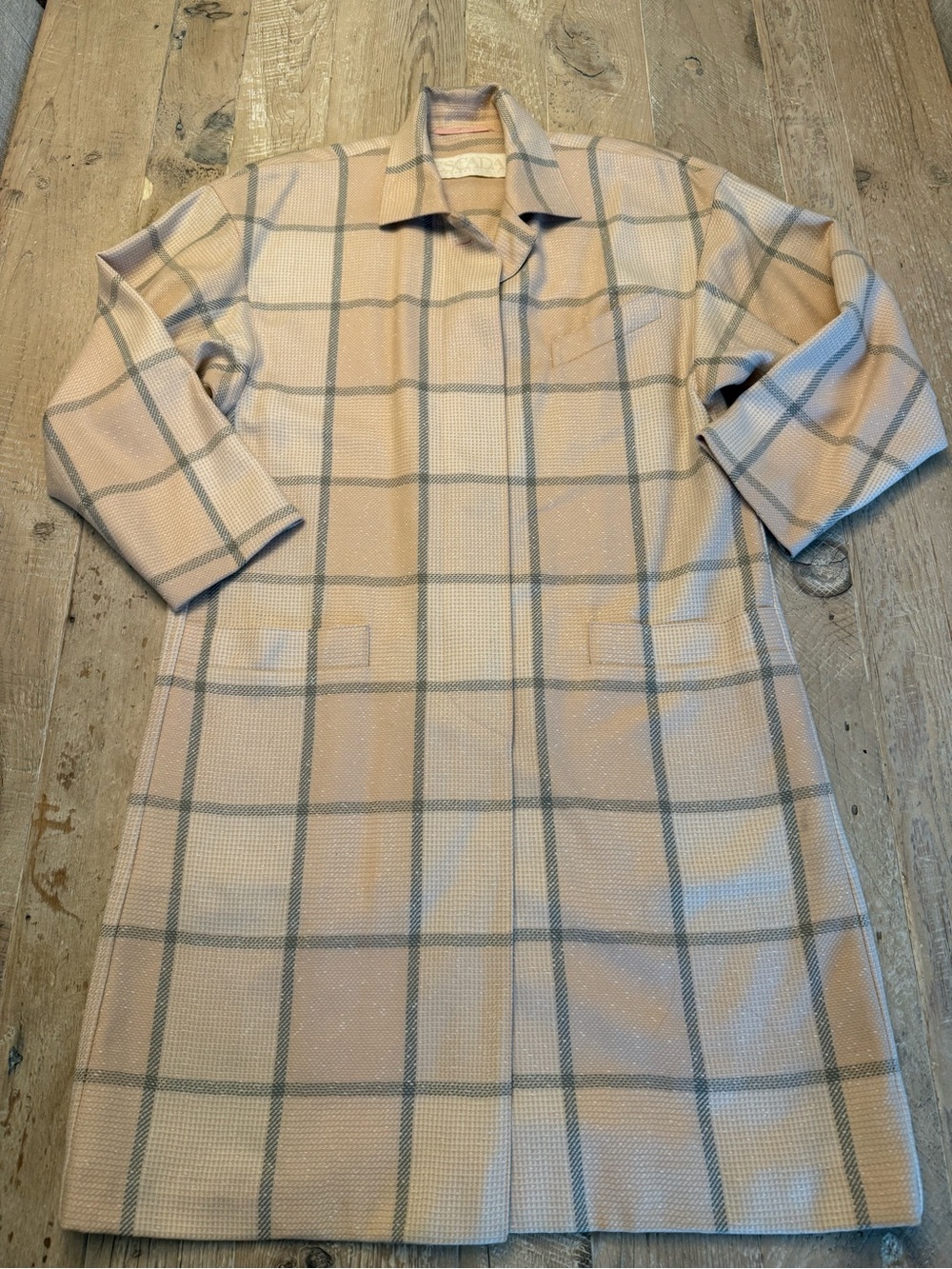 Vintage 80’s Escada Women's Checked Long Wool Coat - Pale Peachy Pink & Gray 38